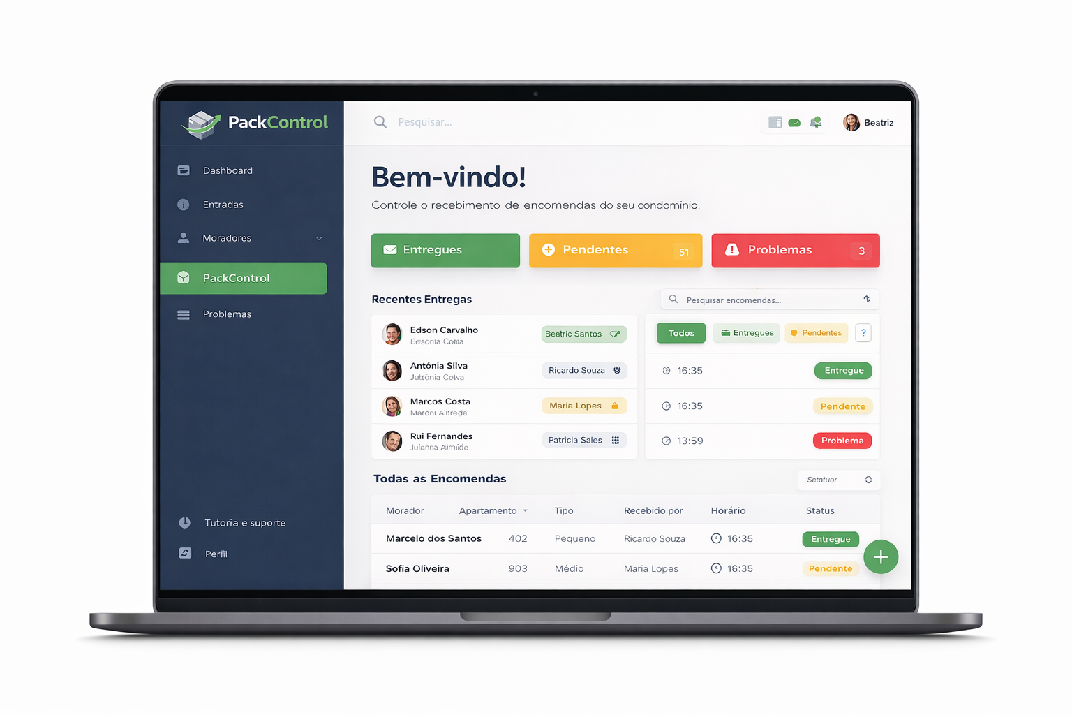 Mockup do dashboard PackControl